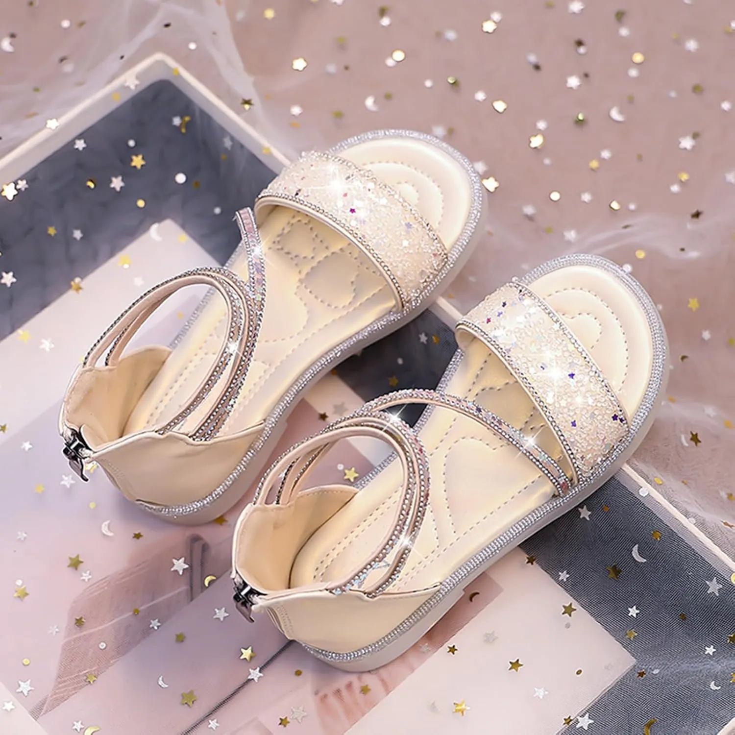 Girls Star Glitter Sandals Ankle Straps Open Toe Zipper Kids Sequin Shoes Rubber Lightweight Wedding Outdoor