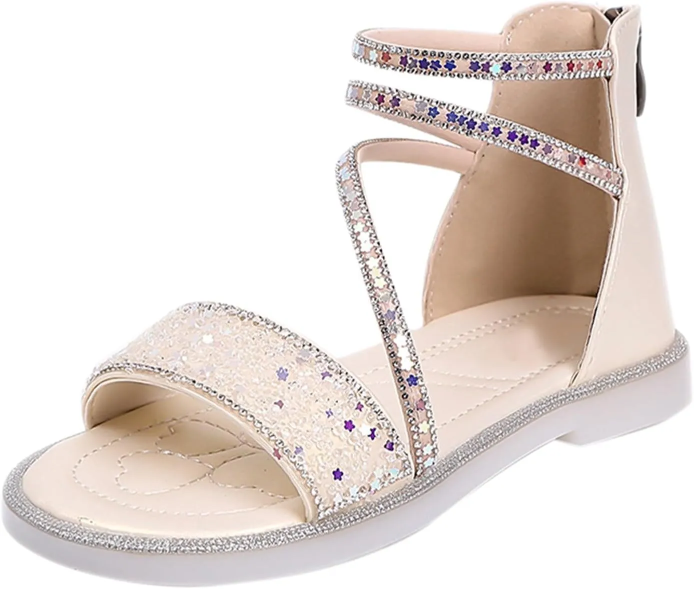 Girls Star Glitter Sandals Ankle Straps Open Toe Zipper Kids Sequin Shoes Rubber Lightweight Wedding Outdoor