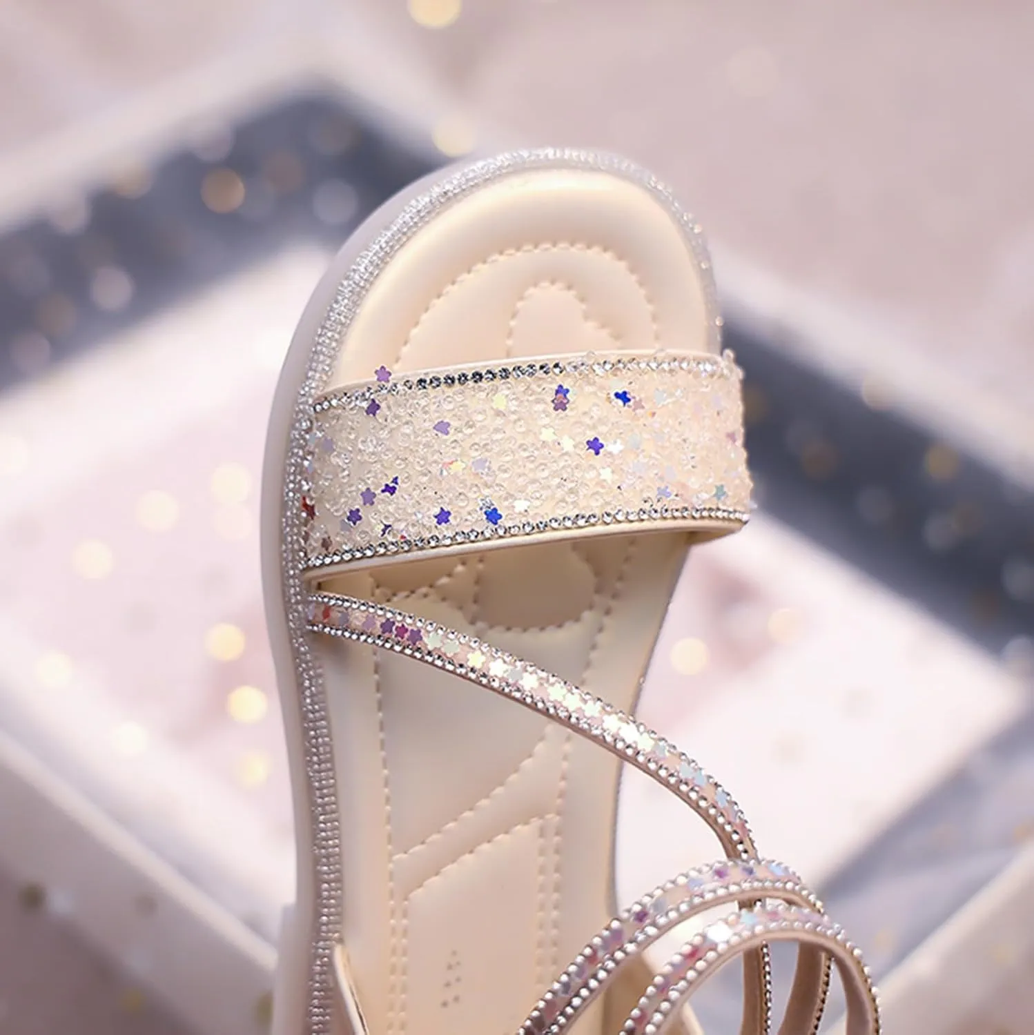 Girls Star Glitter Sandals Ankle Straps Open Toe Zipper Kids Sequin Shoes Rubber Lightweight Wedding Outdoor
