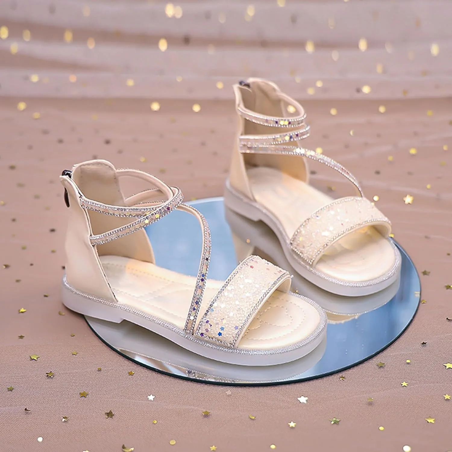 Girls Star Glitter Sandals Ankle Straps Open Toe Zipper Kids Sequin Shoes Rubber Lightweight Wedding Outdoor