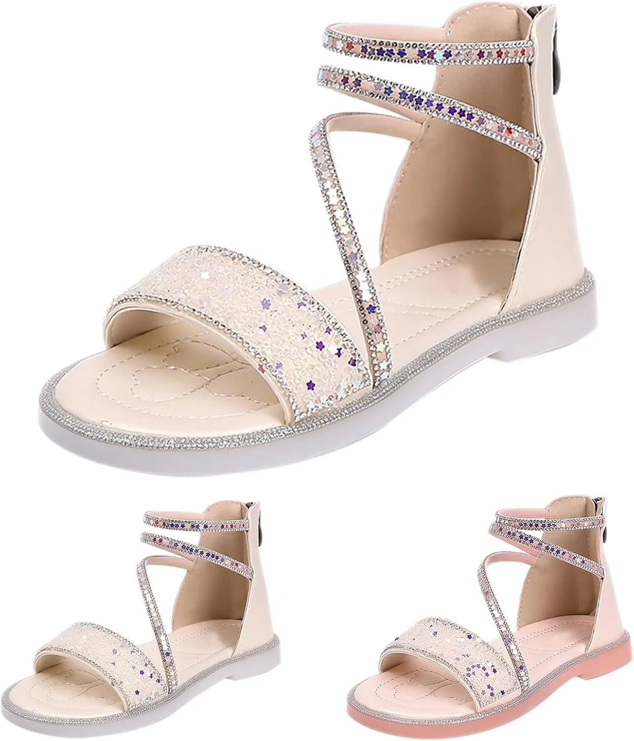 Girls Star Glitter Sandals Ankle Straps Open Toe Zipper Kids Sequin Shoes Rubber Lightweight Wedding Outdoor