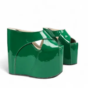 Green Gloss High Heel Wedge Platform Mule Slip Ons