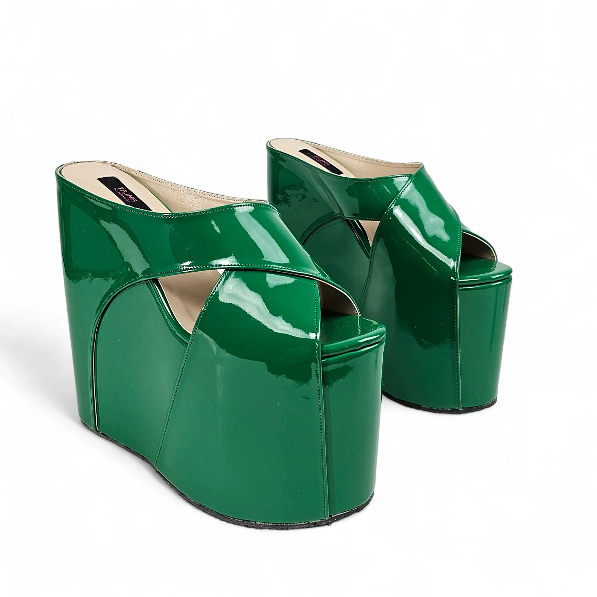 Green Gloss High Heel Wedge Platform Mule Slip Ons