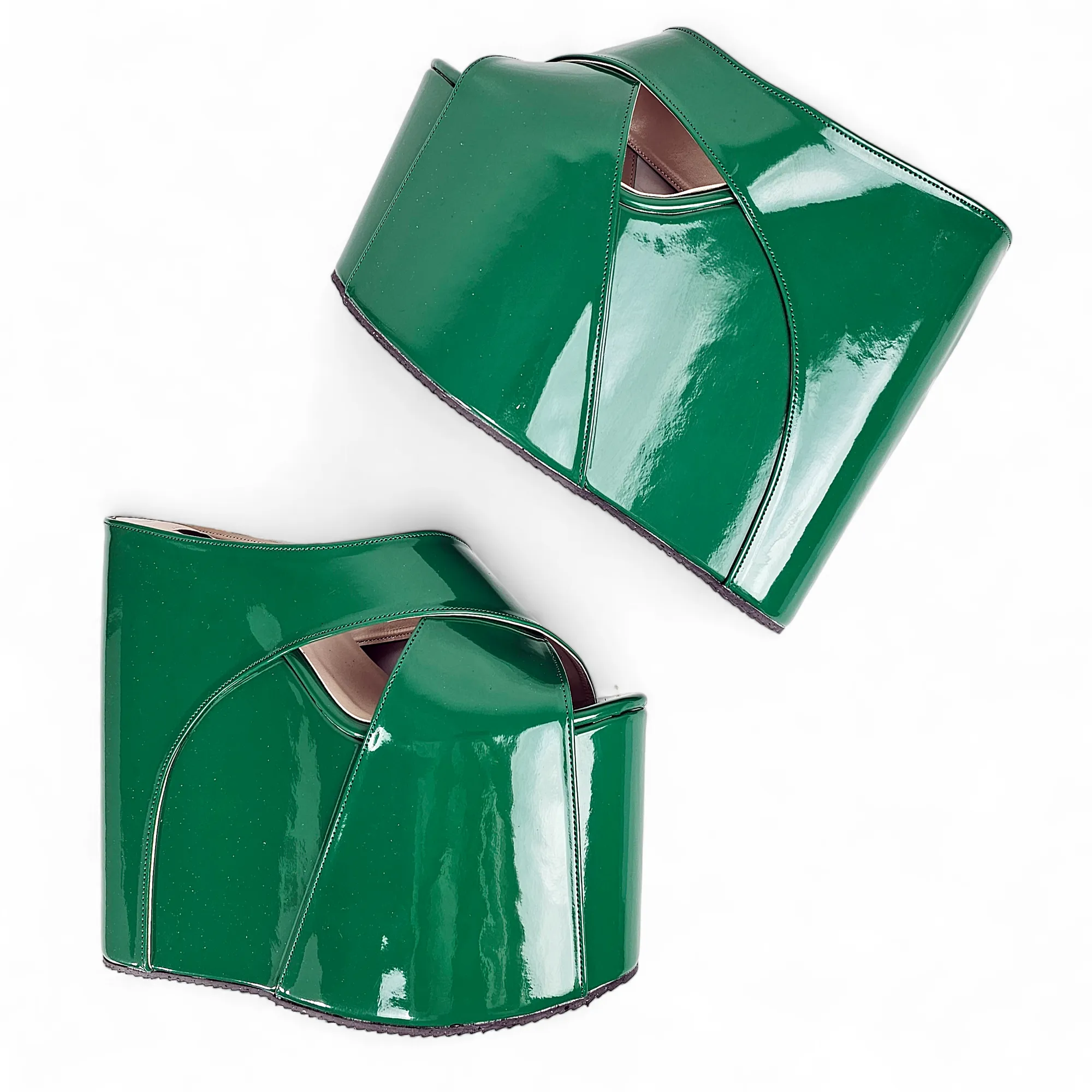 Green Gloss High Heel Wedge Platform Mule Slip Ons