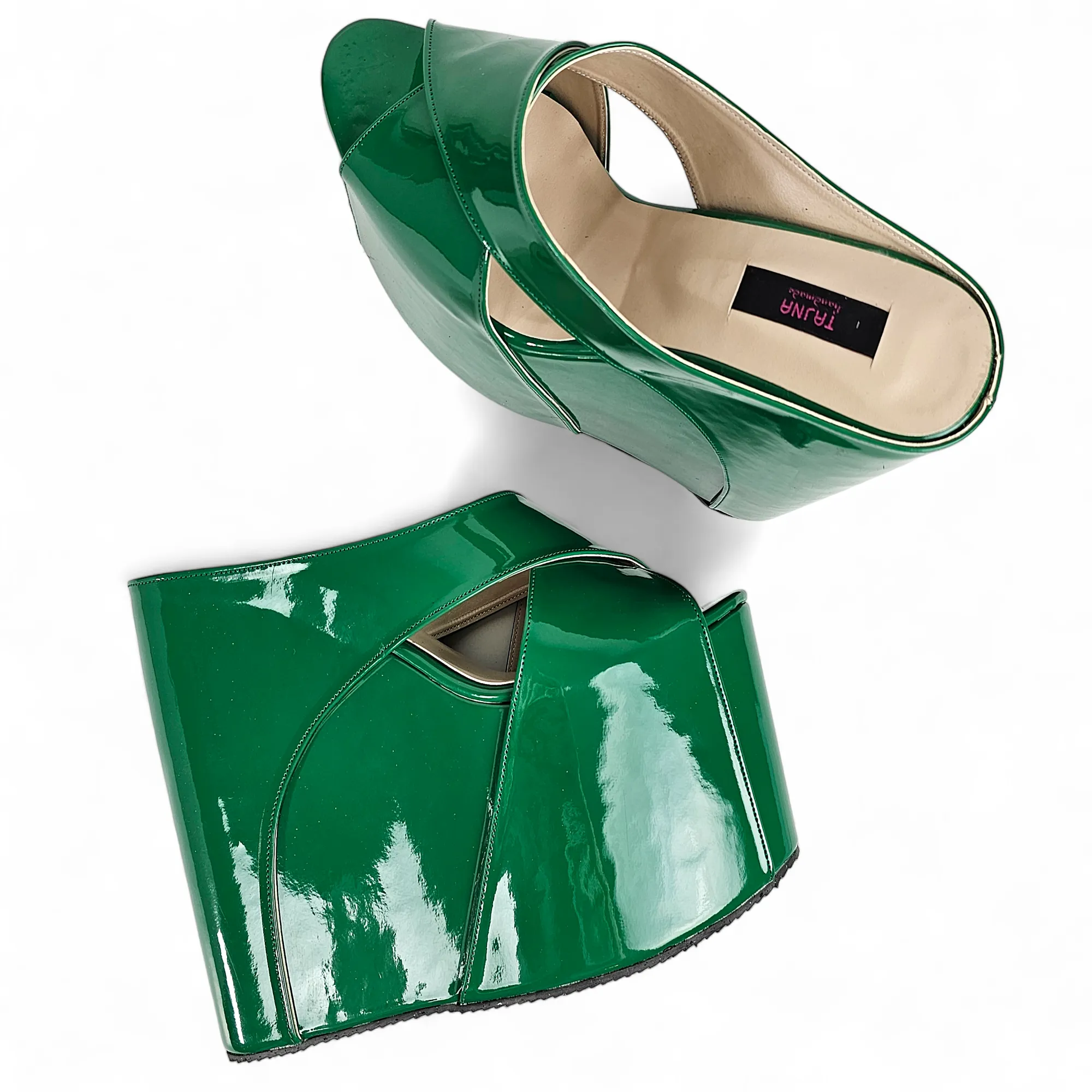 Green Gloss High Heel Wedge Platform Mule Slip Ons