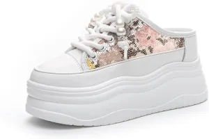 High Platform Mules Sneakers with Pearl for Women Glitter Backless Tennis Shoes Chunky Comfort Wear Lightweight Slides Slip On Trendy Walking Casual Clogs Sports for Girls Female Summer Outdoors Beach