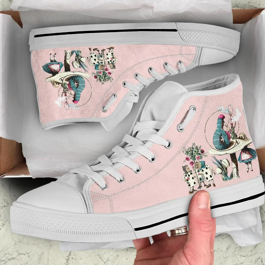 High Top Sneakers - Alice in Wonderland Gifts #42 White/Pink | Birthday Gifts, Gift Idea, Custom Sneakers Women, Custom Women's Sneakers