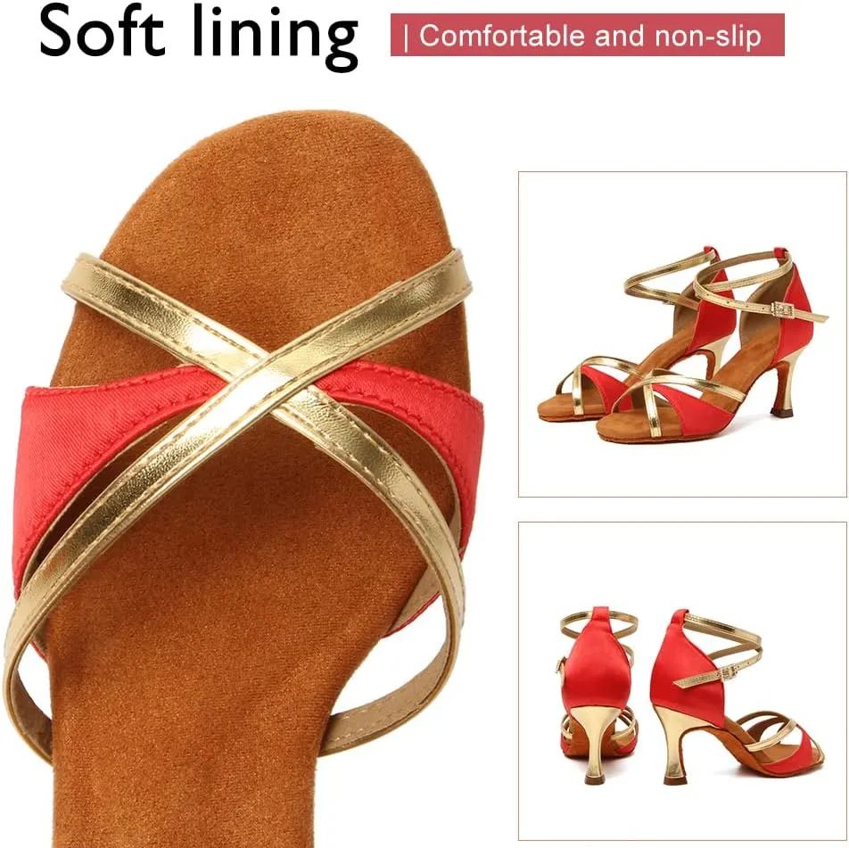 HIPPOSEUS Women's Professional Latin Dance Shoes Satin Salsa Bachata Ballroom Performance Dance Shoes with Ankle Strap,Model 805