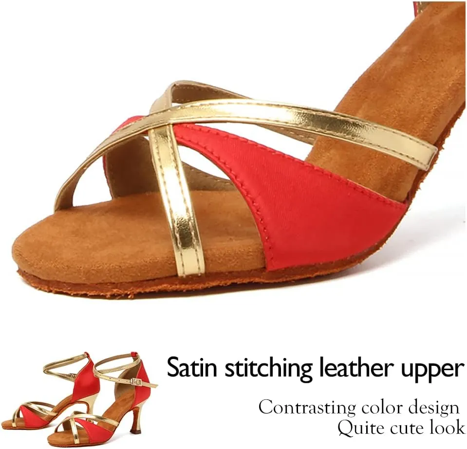 HIPPOSEUS Women's Professional Latin Dance Shoes Satin Salsa Bachata Ballroom Performance Dance Shoes with Ankle Strap,Model 805