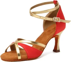 HIPPOSEUS Women's Professional Latin Dance Shoes Satin Salsa Bachata Ballroom Performance Dance Shoes with Ankle Strap,Model 805