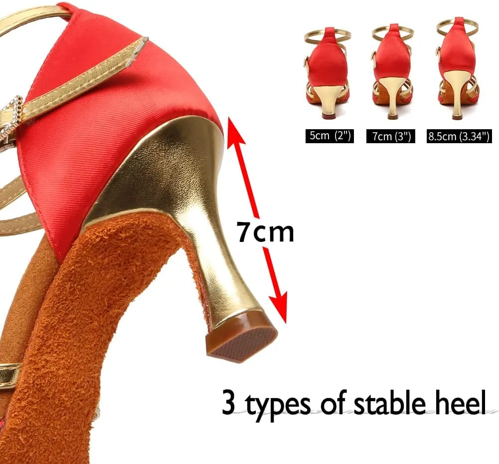 HIPPOSEUS Women's Professional Latin Dance Shoes Satin Salsa Bachata Ballroom Performance Dance Shoes with Ankle Strap,Model 805