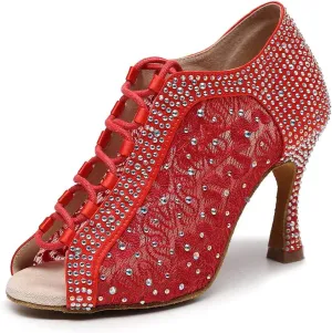 JUODVMP Women Rhinestone Dance Shoes Ballroom Latin Salsa Bachata Performance Dance Dancing Shoes QJW9001