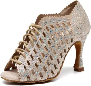 JUODVMP Women Rhinestone Dance Shoes Ballroom Latin Salsa Bachata Performance Dance Dancing Shoes QJW9001