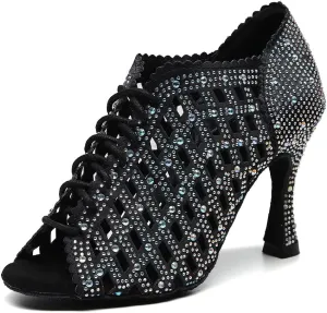 JUODVMP Women Rhinestone Dance Shoes Ballroom Latin Salsa Bachata Performance Dance Dancing Shoes QJW9001