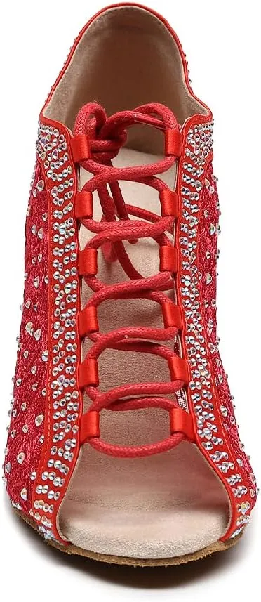 JUODVMP Women Rhinestone Dance Shoes Ballroom Latin Salsa Bachata Performance Dance Dancing Shoes QJW9001