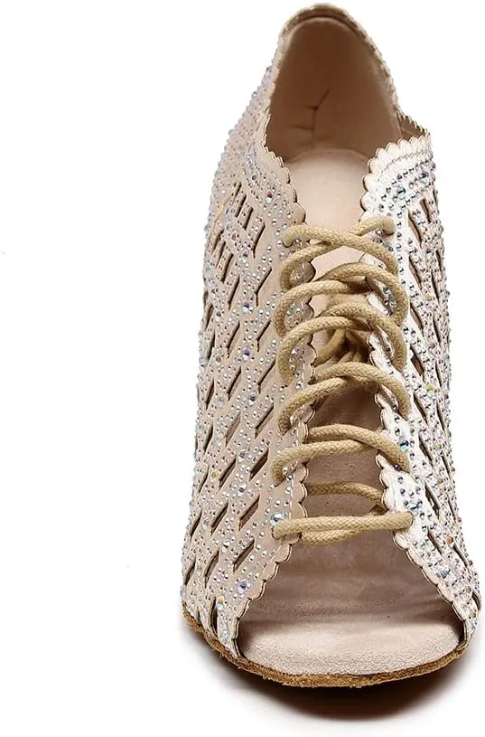 JUODVMP Women Rhinestone Dance Shoes Ballroom Latin Salsa Bachata Performance Dance Dancing Shoes QJW9001