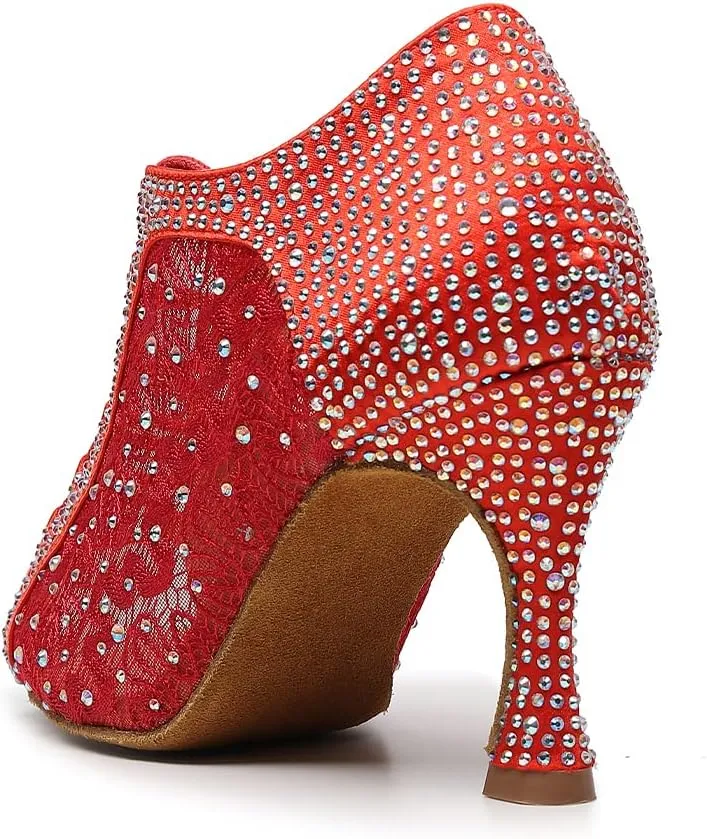JUODVMP Women Rhinestone Dance Shoes Ballroom Latin Salsa Bachata Performance Dance Dancing Shoes QJW9001
