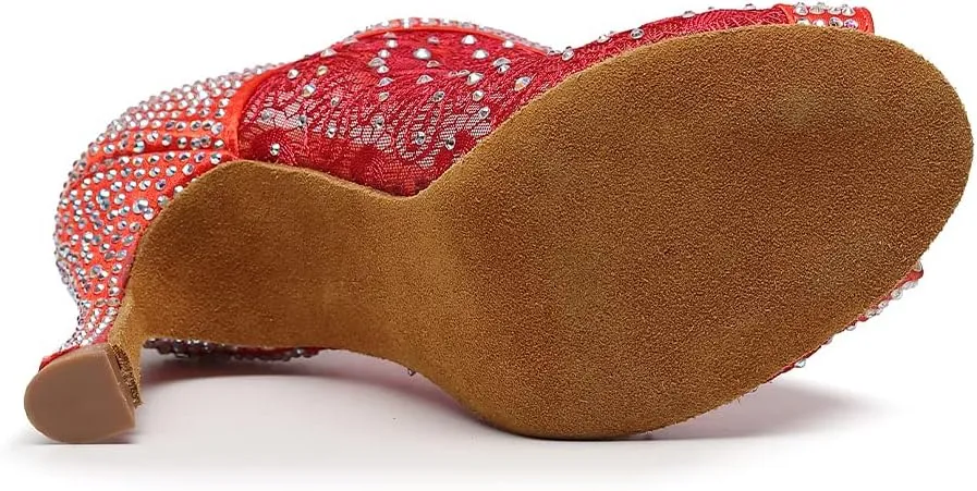 JUODVMP Women Rhinestone Dance Shoes Ballroom Latin Salsa Bachata Performance Dance Dancing Shoes QJW9001