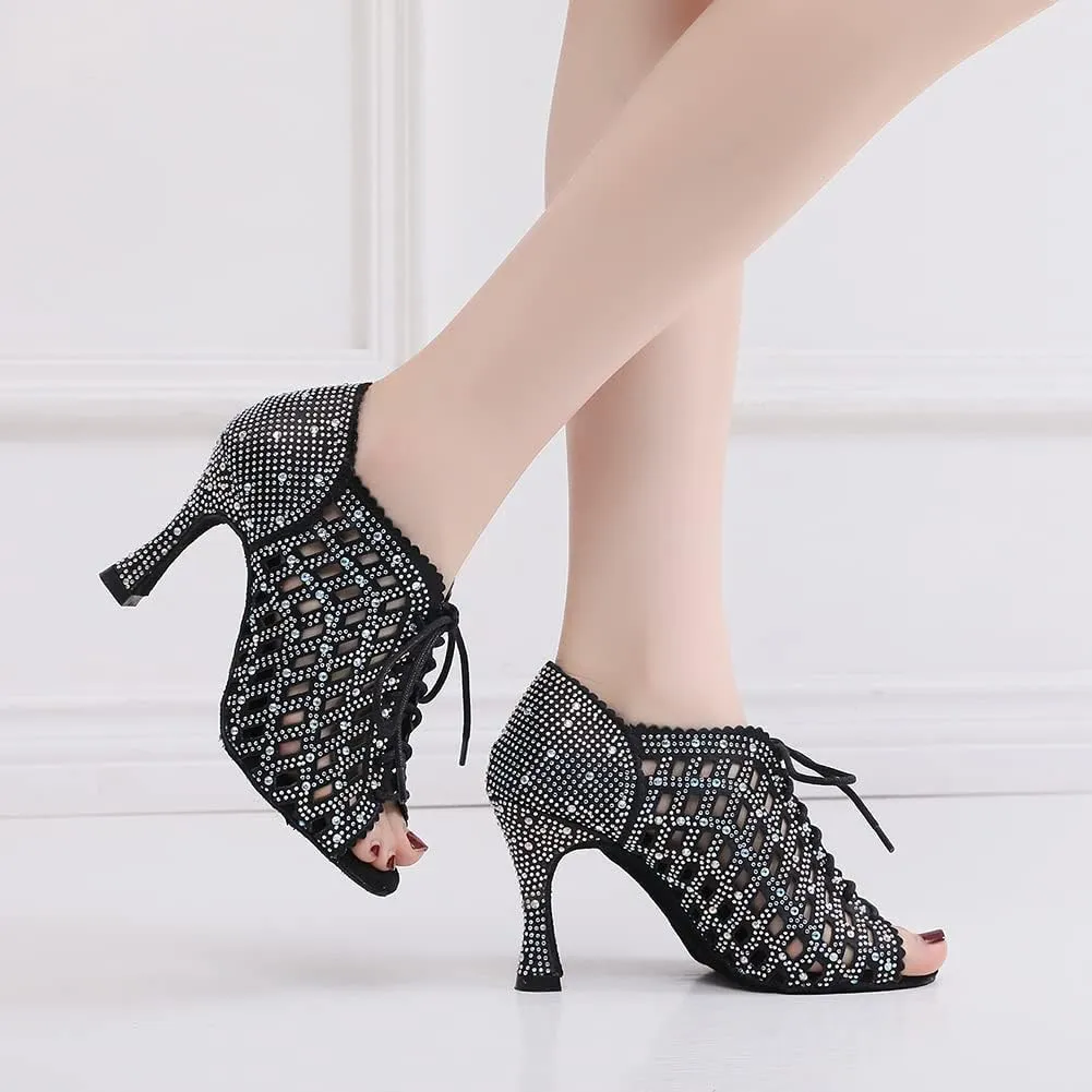 JUODVMP Women Rhinestone Dance Shoes Ballroom Latin Salsa Bachata Performance Dance Dancing Shoes QJW9001