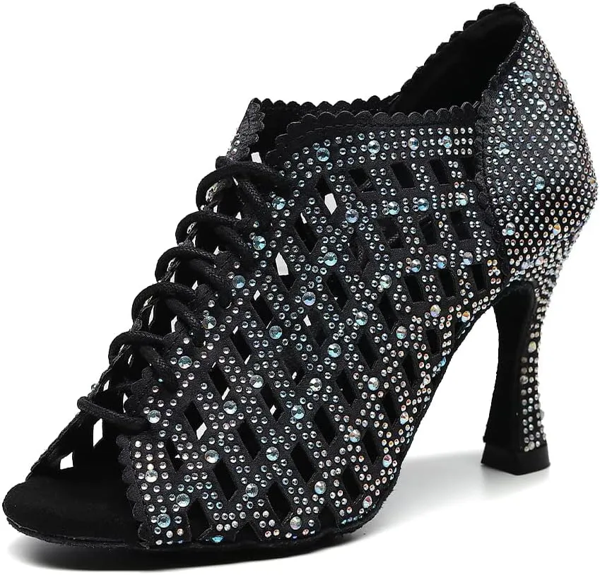 JUODVMP Women Rhinestone Dance Shoes Ballroom Latin Salsa Bachata Performance Dance Dancing Shoes QJW9001