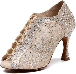 JUODVMP Women Rhinestone Dance Shoes Ballroom Latin Salsa Bachata Performance Dance Dancing Shoes QJW9001