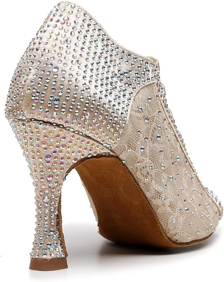 JUODVMP Women Rhinestone Dance Shoes Ballroom Latin Salsa Bachata Performance Dance Dancing Shoes QJW9001