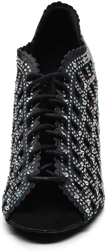 JUODVMP Women Rhinestone Dance Shoes Ballroom Latin Salsa Bachata Performance Dance Dancing Shoes QJW9001