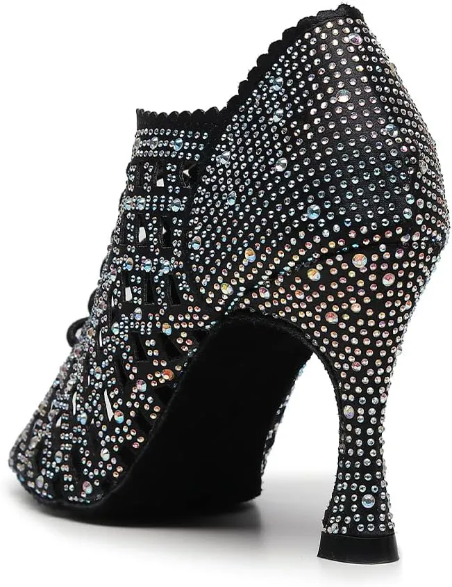 JUODVMP Women Rhinestone Dance Shoes Ballroom Latin Salsa Bachata Performance Dance Dancing Shoes QJW9001