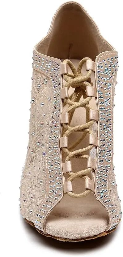 JUODVMP Women Rhinestone Dance Shoes Ballroom Latin Salsa Bachata Performance Dance Dancing Shoes QJW9001