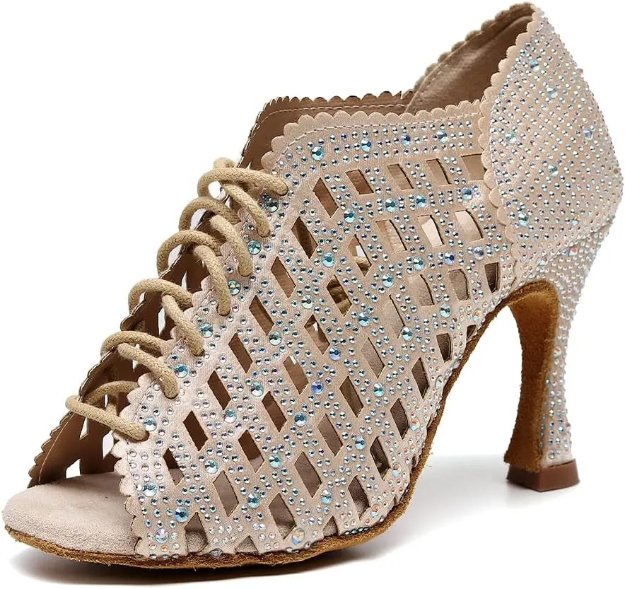 JUODVMP Women Rhinestone Dance Shoes Ballroom Latin Salsa Bachata Performance Dance Dancing Shoes QJW9001
