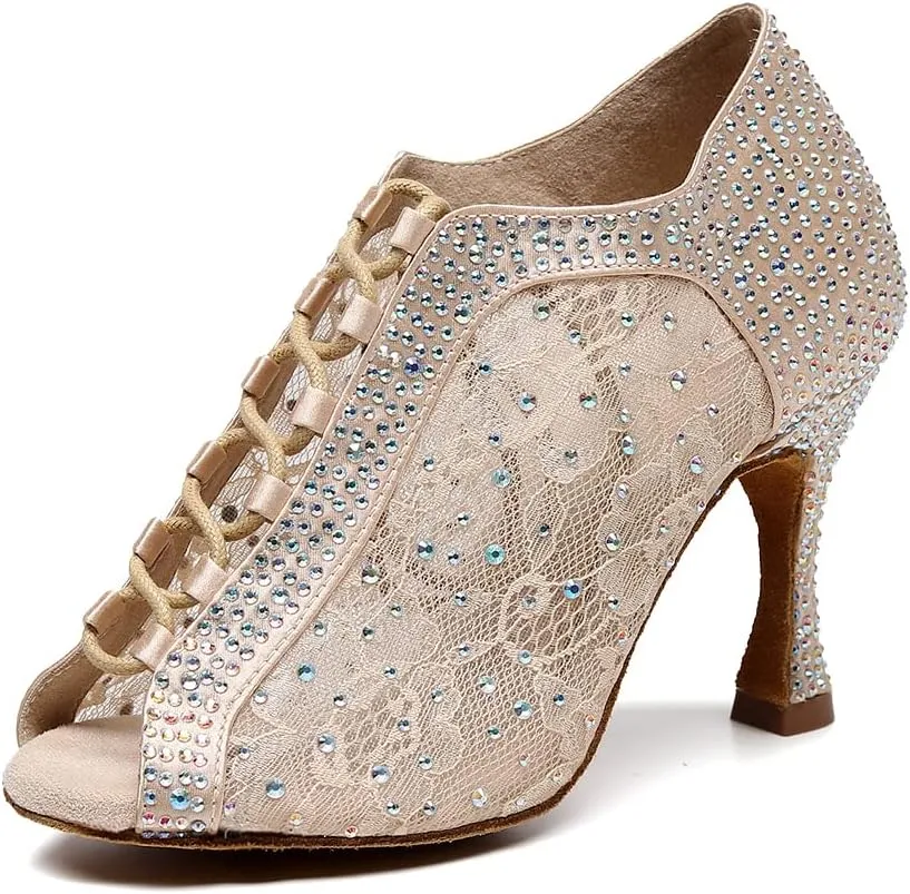 JUODVMP Women Rhinestone Dance Shoes Ballroom Latin Salsa Bachata Performance Dance Dancing Shoes QJW9001