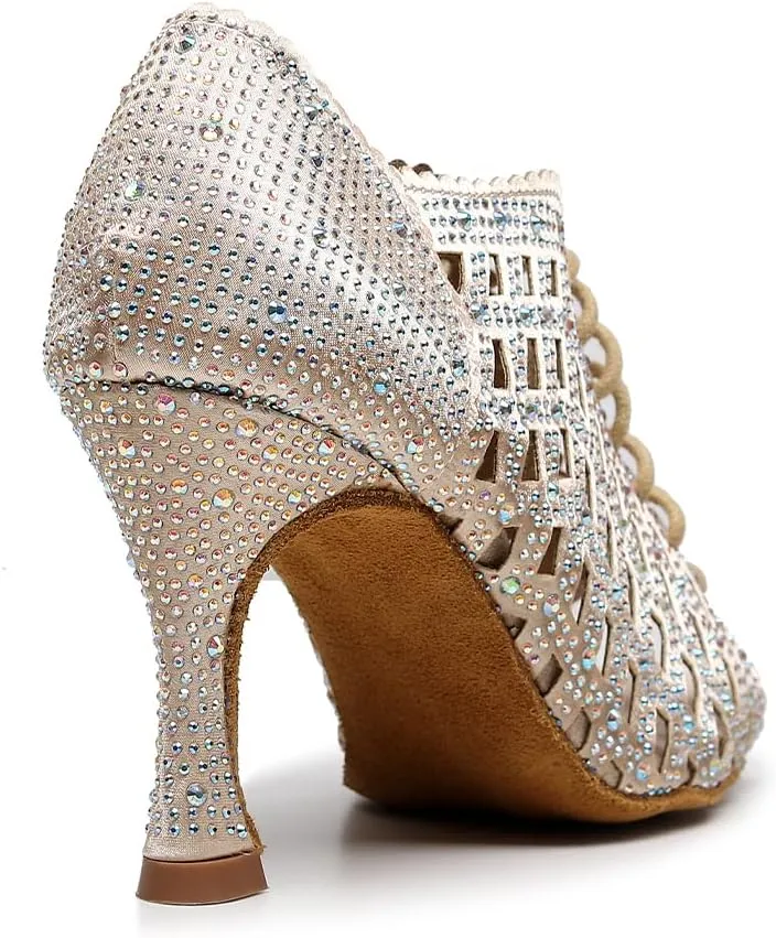 JUODVMP Women Rhinestone Dance Shoes Ballroom Latin Salsa Bachata Performance Dance Dancing Shoes QJW9001