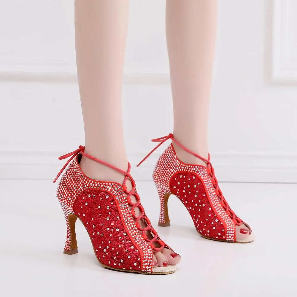 JUODVMP Women Rhinestone Dance Shoes Ballroom Latin Salsa Bachata Performance Dance Dancing Shoes QJW9001