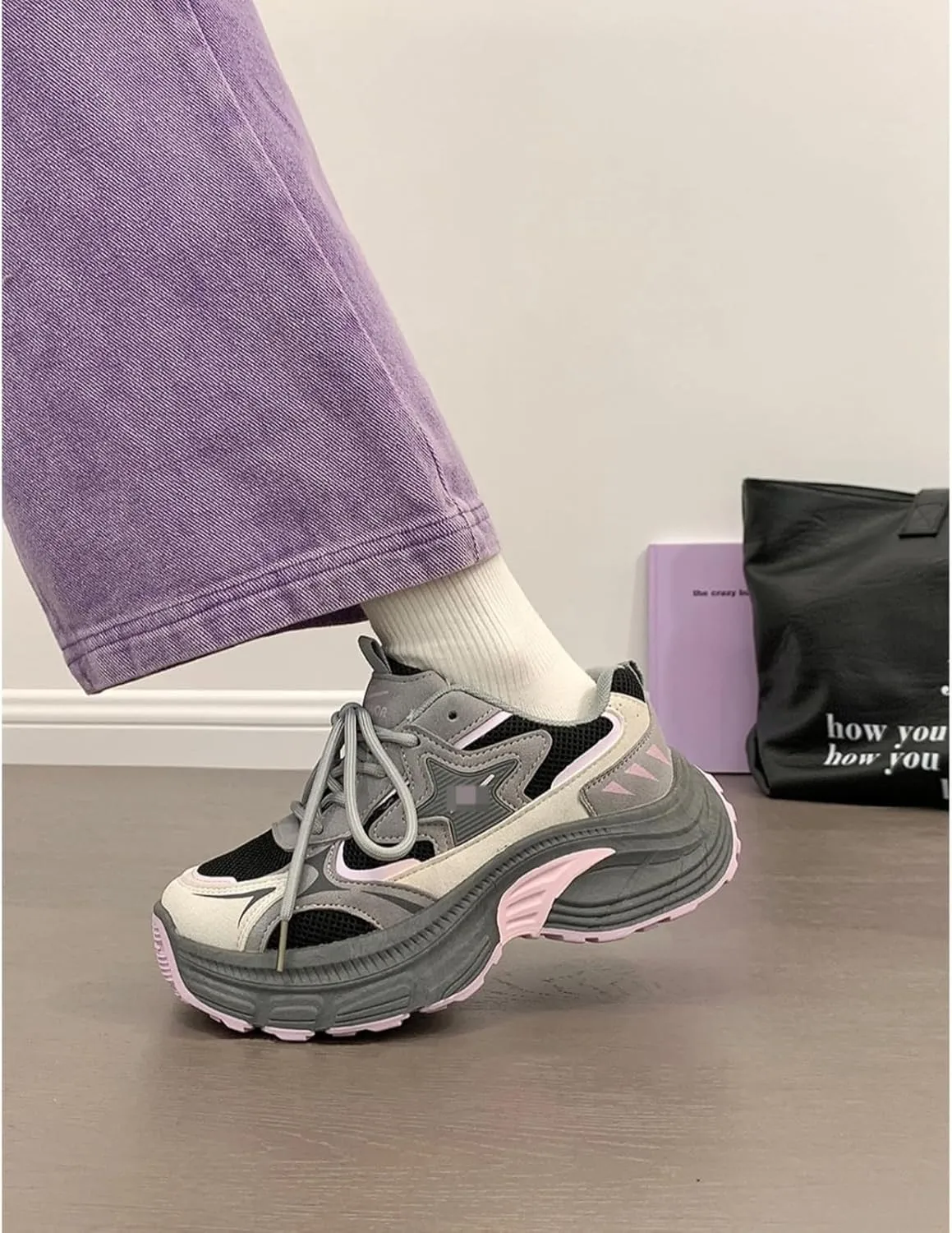 Kawaii Cute Aesthetic Gray-Pink Chunky Sole Dad Shoes for Women, Lightweight Comfortable Sneakers, 2.36" Height Boost