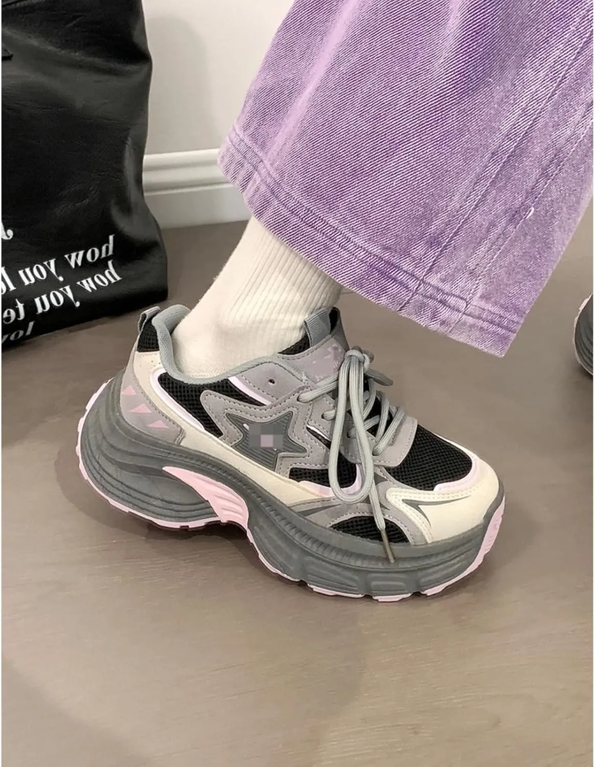 Kawaii Cute Aesthetic Gray-Pink Chunky Sole Dad Shoes for Women, Lightweight Comfortable Sneakers, 2.36" Height Boost