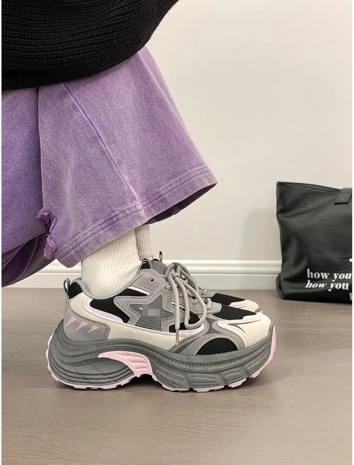 Kawaii Cute Aesthetic Gray-Pink Chunky Sole Dad Shoes for Women, Lightweight Comfortable Sneakers, 2.36" Height Boost