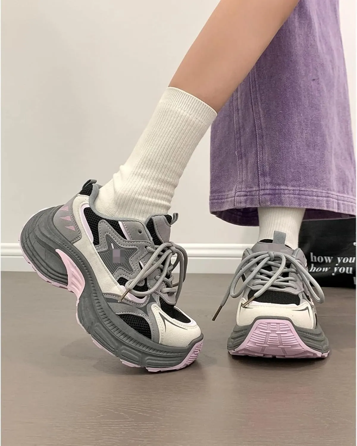 Kawaii Cute Aesthetic Gray-Pink Chunky Sole Dad Shoes for Women, Lightweight Comfortable Sneakers, 2.36" Height Boost