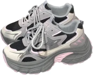 Kawaii Cute Aesthetic Gray-Pink Chunky Sole Dad Shoes for Women, Lightweight Comfortable Sneakers, 2.36" Height Boost