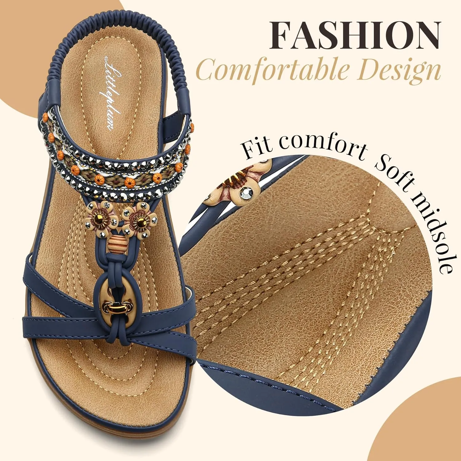 Littleplum Womens Sandals Arch Support Summer Beach Sandals Comfort Walking Shoes Bohemian Flip Flops Sandals for Women