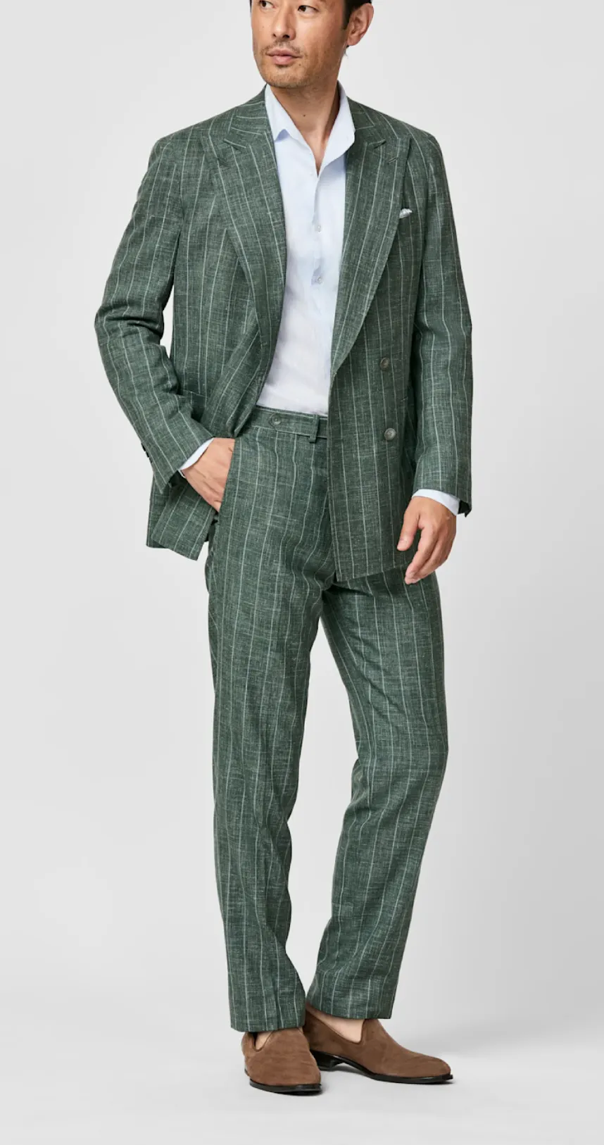 Loro Piana SUMMERTIME Forest Green Merino Wool, Silk & Linen Tropical Weave with Pencil Stripe