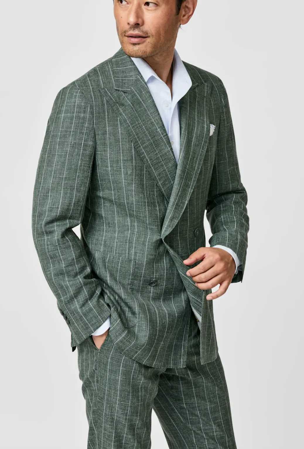 Loro Piana SUMMERTIME Forest Green Merino Wool, Silk & Linen Tropical Weave with Pencil Stripe