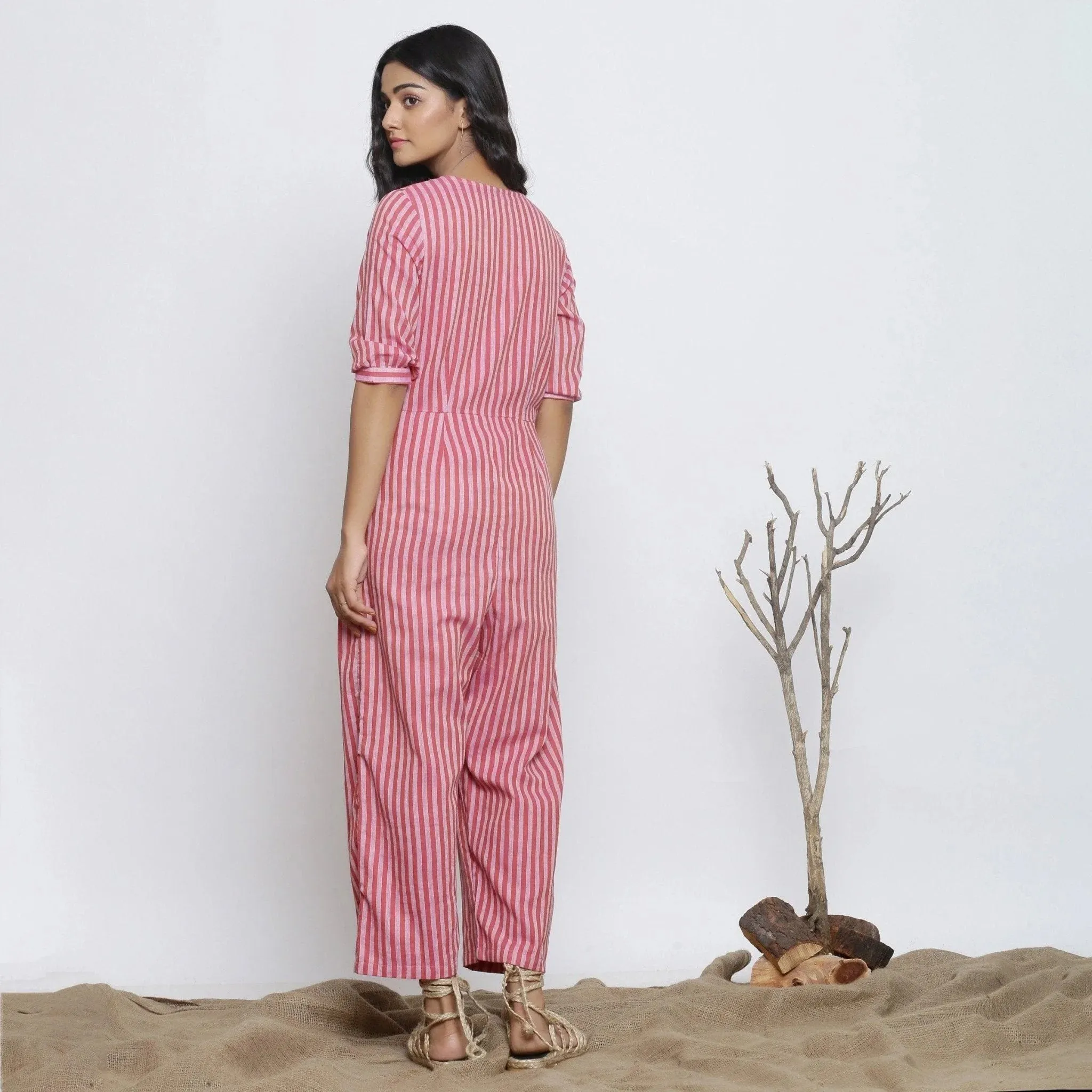 Pink Cotton Muslin Striped Ankle Length Overall Jumpsuit