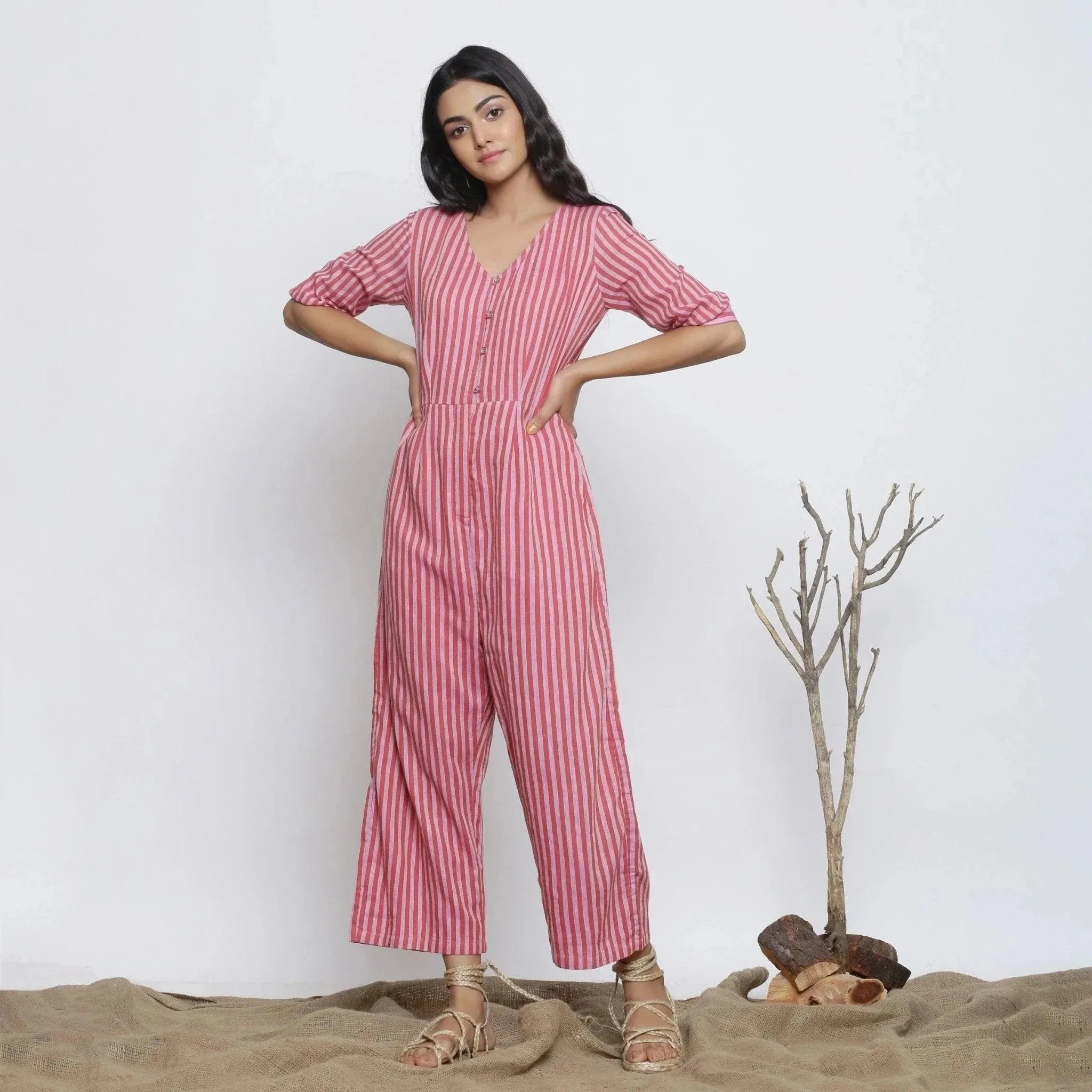 Pink Cotton Muslin Striped Ankle Length Overall Jumpsuit