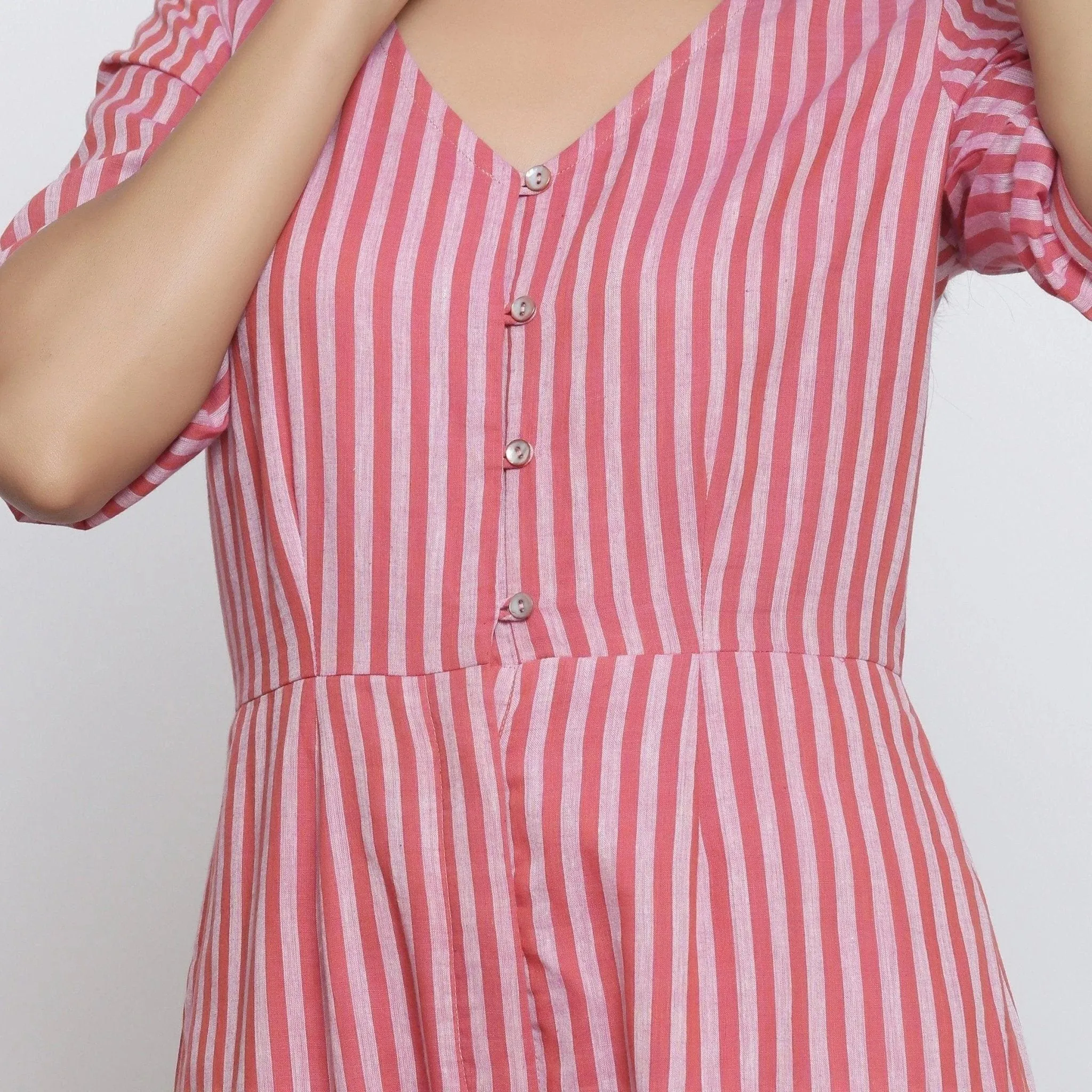Pink Cotton Muslin Striped Ankle Length Overall Jumpsuit