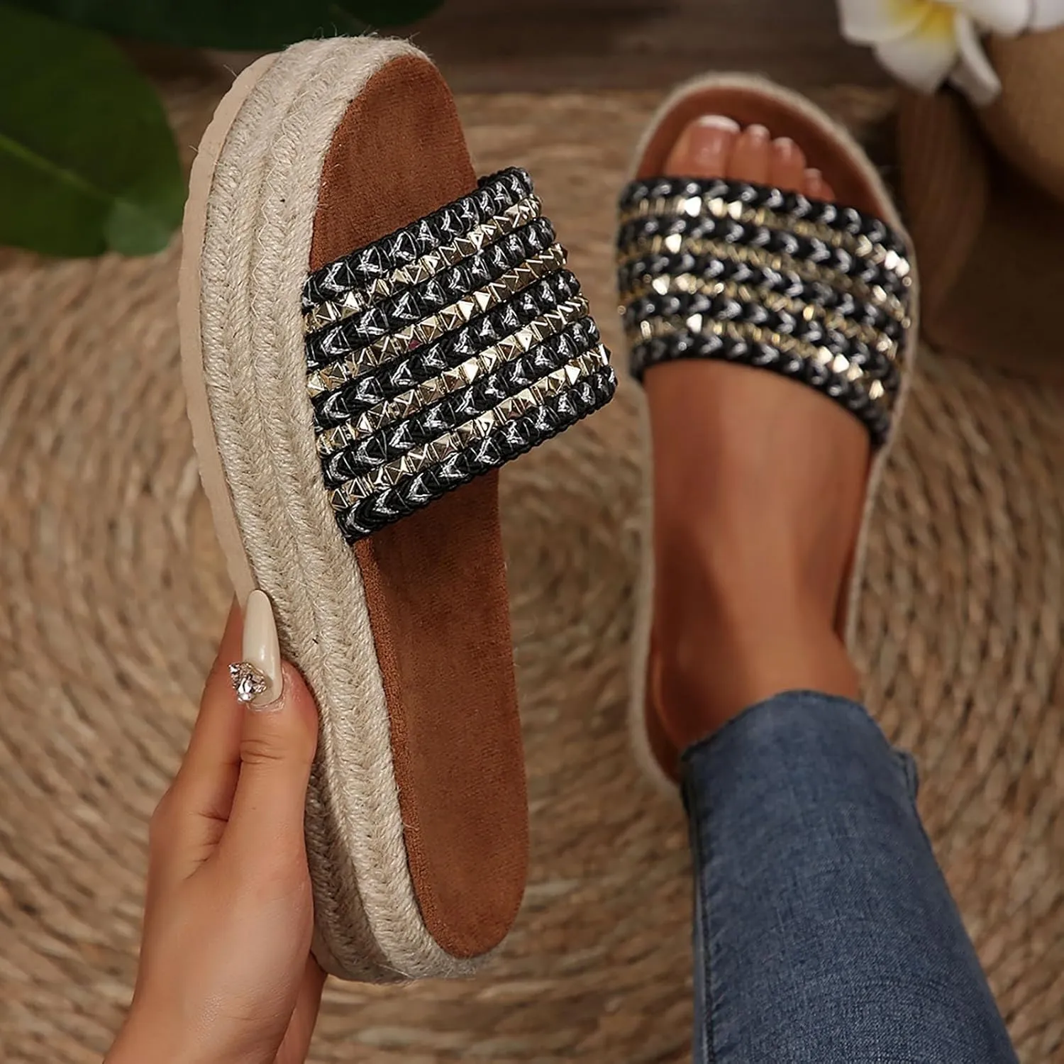 Platform Slip on Espadrille Sandals for Women,Wedge Espadrilles Bohemia Open Toe Comfort Non Slip Summer Casual Straw Woven Sandals Thick Sole Colorful Slingback Beach Vacation Walking Fashion Slipper