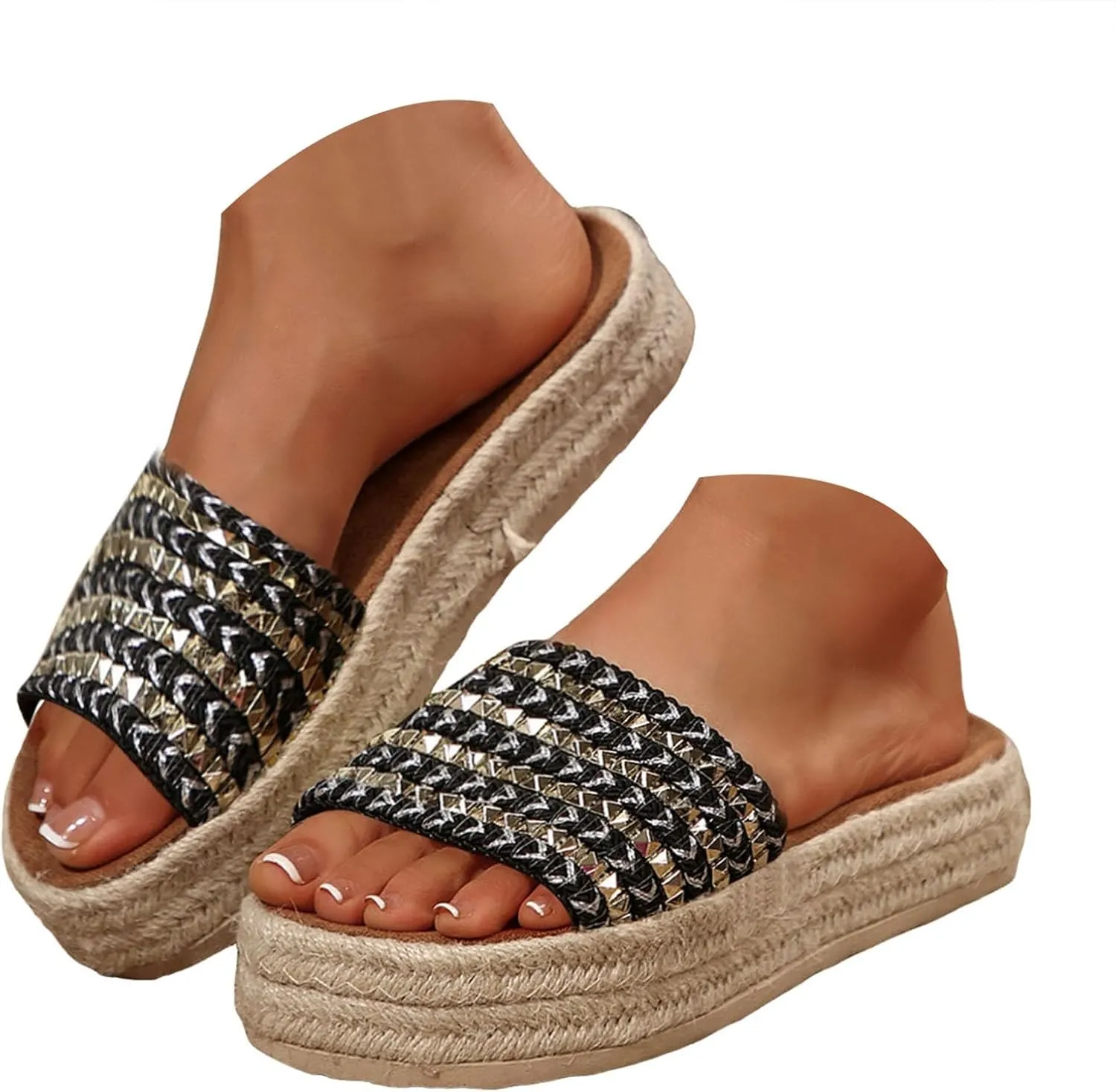 Platform Slip on Espadrille Sandals for Women,Wedge Espadrilles Bohemia Open Toe Comfort Non Slip Summer Casual Straw Woven Sandals Thick Sole Colorful Slingback Beach Vacation Walking Fashion Slipper