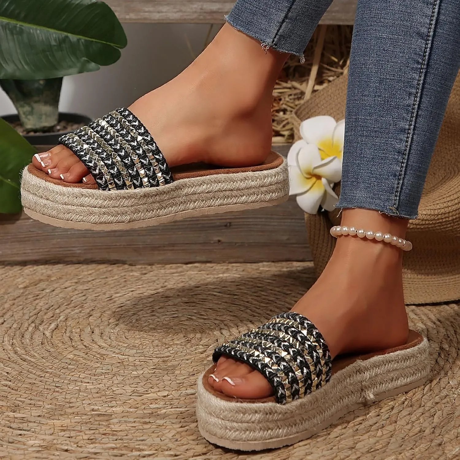 Platform Slip on Espadrille Sandals for Women,Wedge Espadrilles Bohemia Open Toe Comfort Non Slip Summer Casual Straw Woven Sandals Thick Sole Colorful Slingback Beach Vacation Walking Fashion Slipper