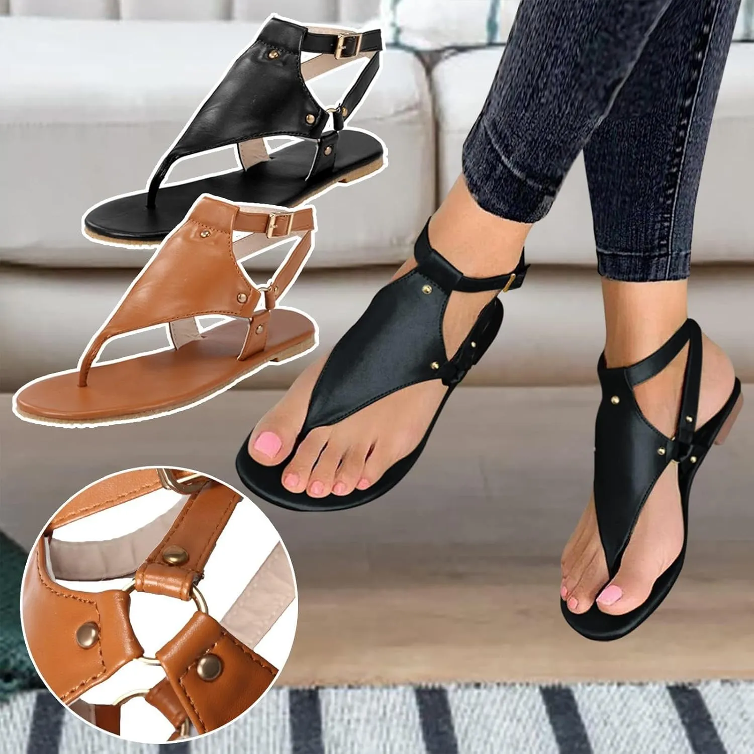 Sandals for Women Summer Dressy Ankle Strap Flat Sandals Lightweight Comfortable Thong Flip Flops Casual Open Toe Slipper Fashion Leather Retro Gladiator Shoes Athletic Walking Shoes