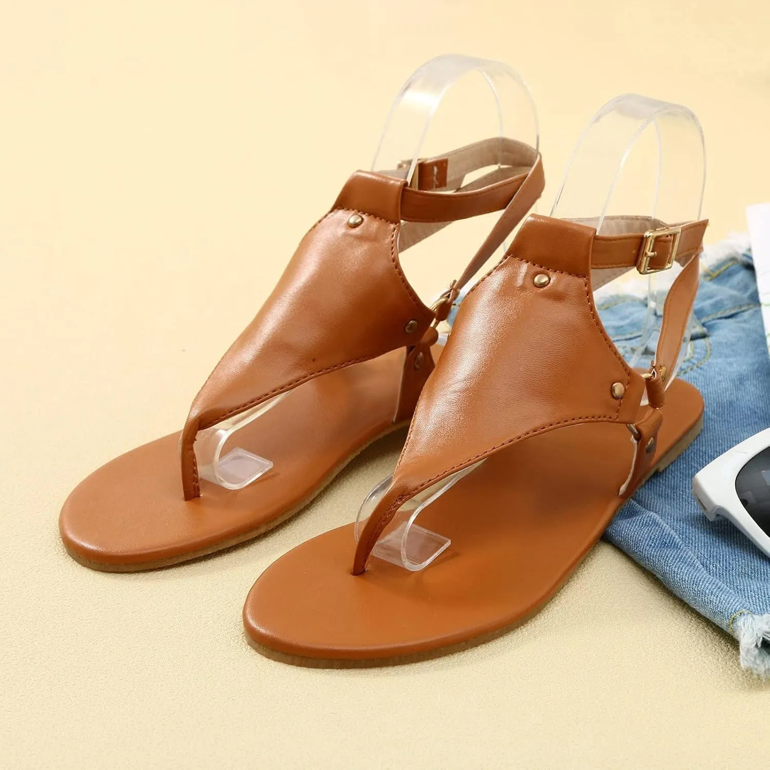 Sandals for Women Summer Dressy Ankle Strap Flat Sandals Lightweight Comfortable Thong Flip Flops Casual Open Toe Slipper Fashion Leather Retro Gladiator Shoes Athletic Walking Shoes