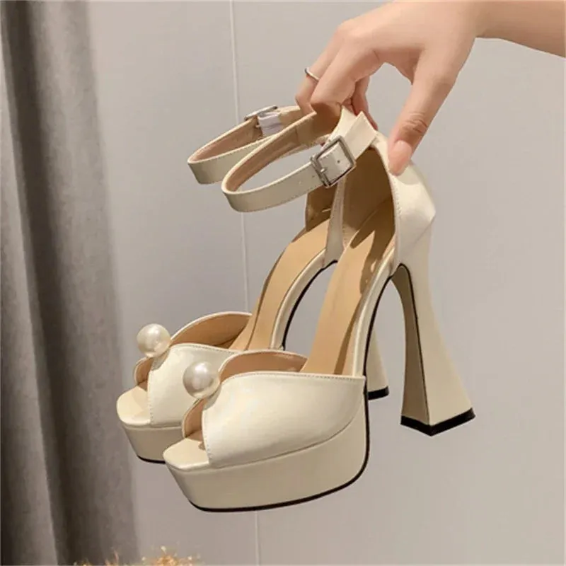 String Bead Silk Platform Buckle Strap Shoes